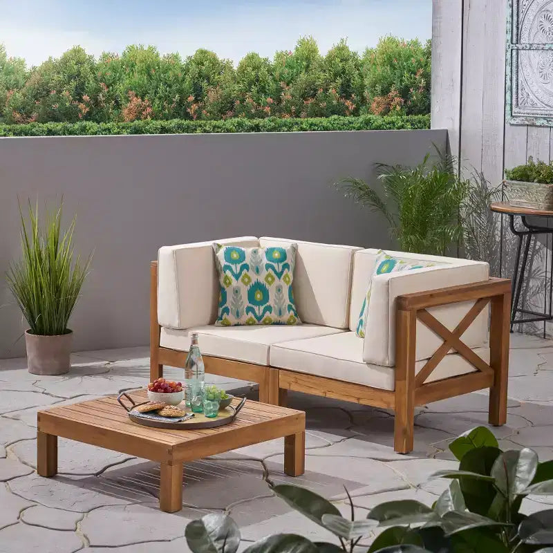 GDFStudio Keith Juego de sofá biplaza y mesa de centro para exterior, de madera de acacia, con cojines, teca/beige