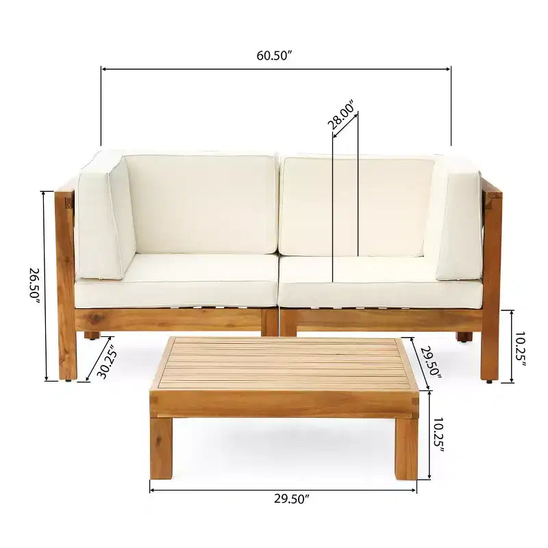 GDFStudio Keith Juego de sofá biplaza y mesa de centro para exterior, de madera de acacia, con cojines, teca/beige