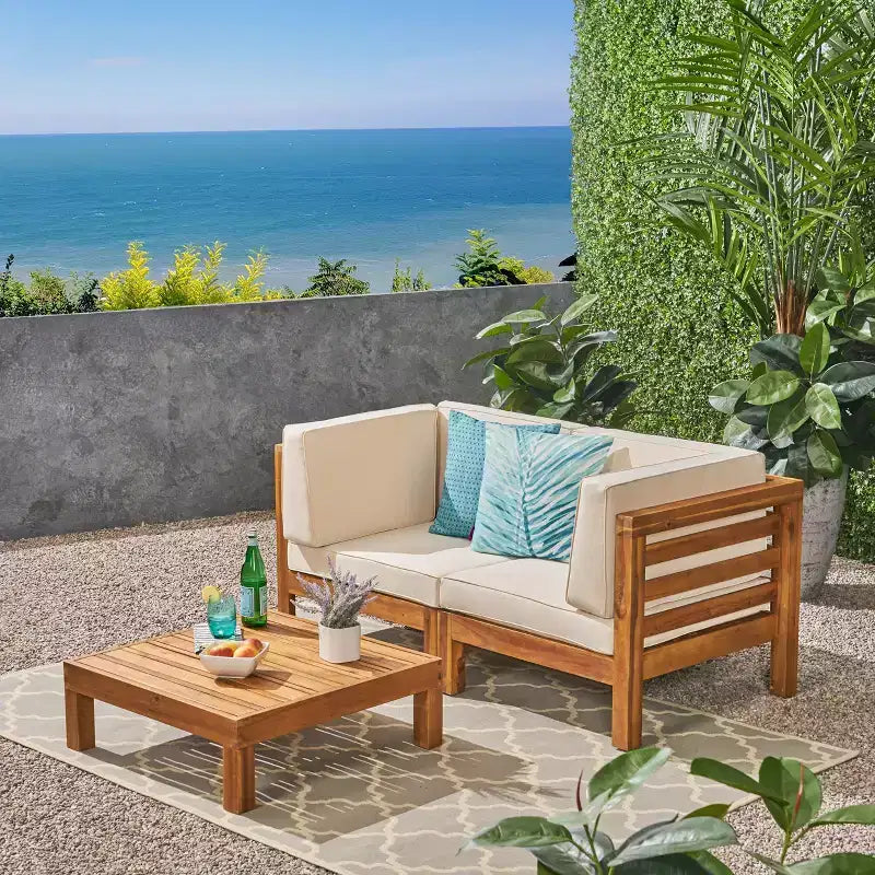 GDFStudio Cascada Outdoor Acacia Wood Loveseat and Table Set with Cushions, Teak/Beige