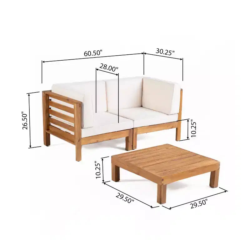 GDFStudio Cascada Outdoor Acacia Wood Loveseat and Table Set with Cushions, Teak/Beige