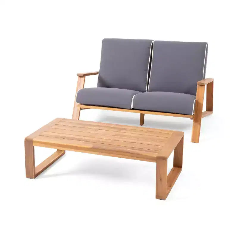 Conjunto de sofá biplaza y mesa para exterior Paloma de Christopher Knight Home, de madera de acacia, con cojines