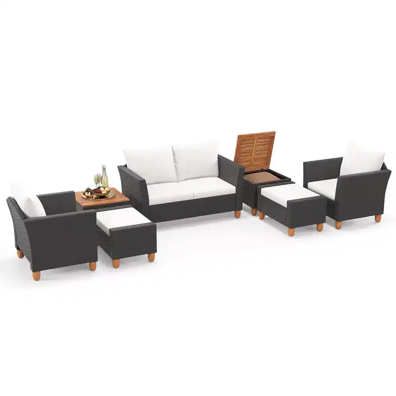Costway 7 PCS Patio Furniture Set with Loveseat Armchairs Ottomans & Storage Table