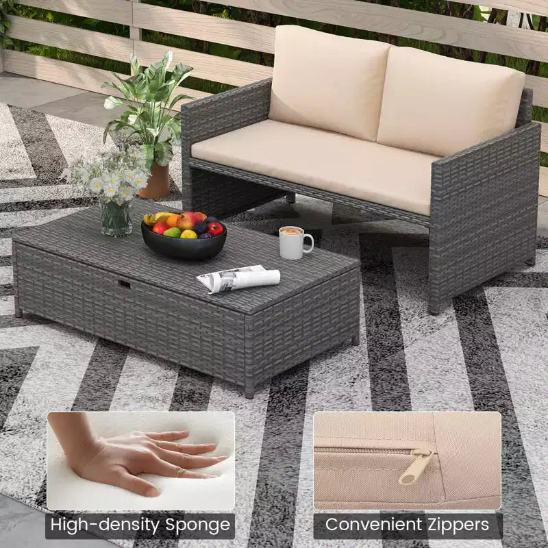 Costway 2 PCS Patio Loveseat with 31 Gal Multifunctional Storage Ottoman and Soft Cushions