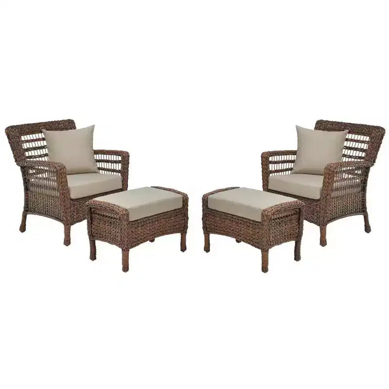 Jiallo Modern Concept Juego de 2 sillones y 2 otomanas de ratán de resina de falso junco marino para relajarse