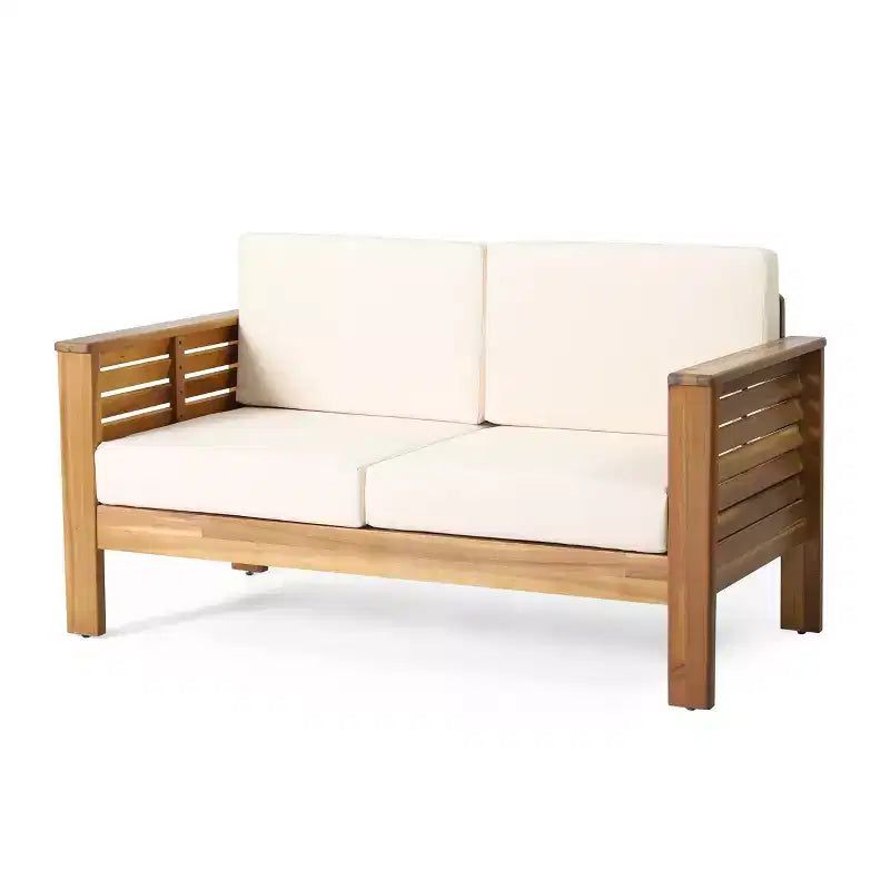 Conjunto de 2 piezas de sofá biplaza y mesa de centro para exterior Louver de Christopher Knight Home, de acacia, con cojines