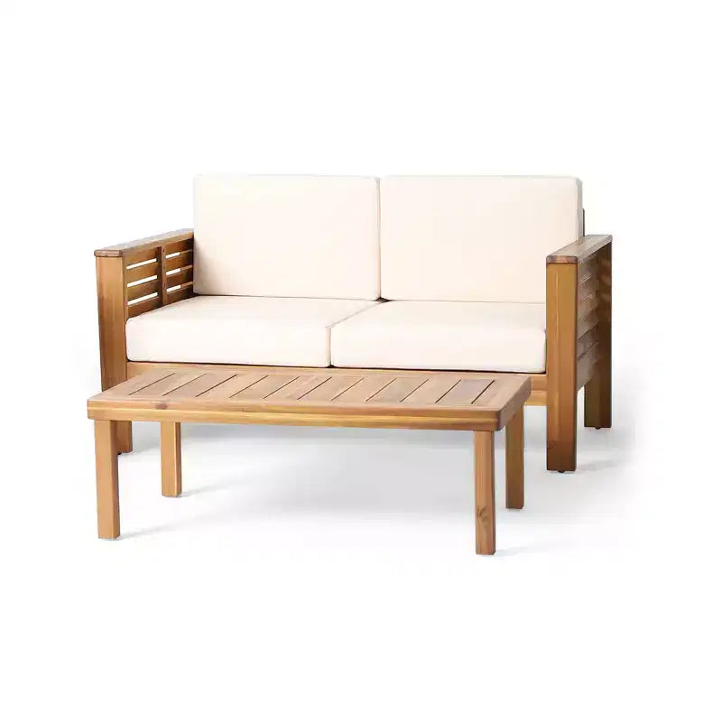 Christopher Knight 2-teiliges Home-Louver-Outdoor-Set aus Akazienholz mit 2-Sitzer-Sofa, Couchtisch und Kissen